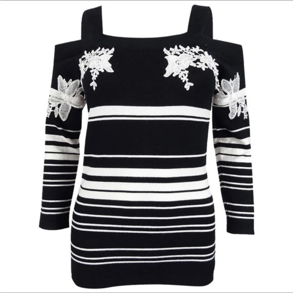 Women’s INC XXL Black White Striped Embroidered Cold Shoulder Sweater